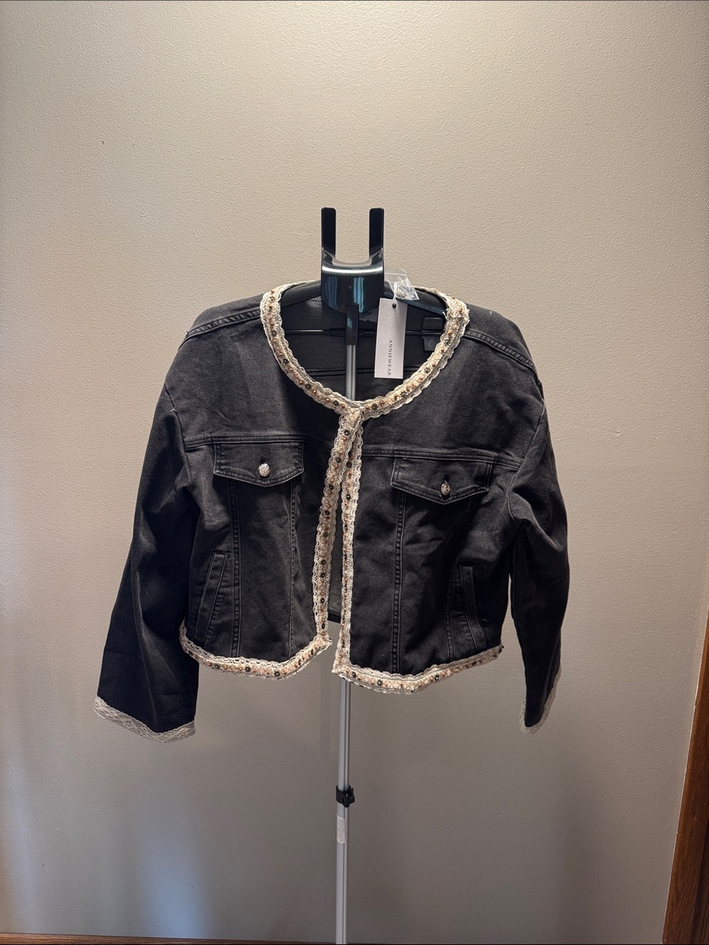 Cropped Black Denim Jacket with Cream Braided Trim